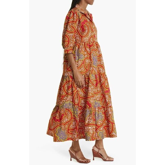 New The Oula Company Size M Print Tiered Maxi Dress Red Yellow - Picture 8 of 13